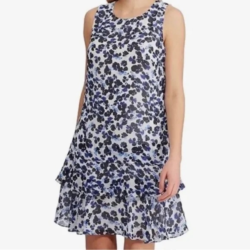 Ralph Lauren Sleeveless White Mini Dress with Blue and Black Floral Print